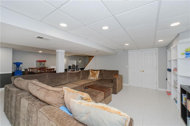 5 Haywood St, Staten Island, NY 10307 - living room featuring a drop ceiling, light tile patterned flooring, baseboards, and recessed lighting