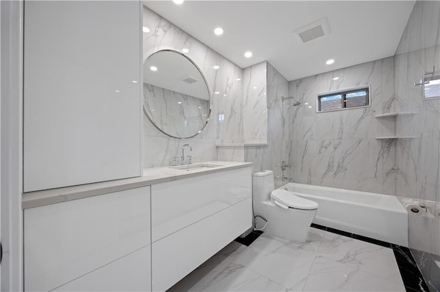 164 Railroad St, Staten Island, NY 10312 - bathroom featuring vanity, toilet, shower / bath combination, marble tiled floors, and recessed lighting
