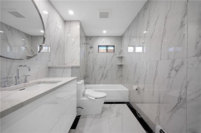 164 Railroad St, Staten Island, NY 10312 - full bathroom with marble tiled floors, toilet, vanity,  shower combination, and tile walls