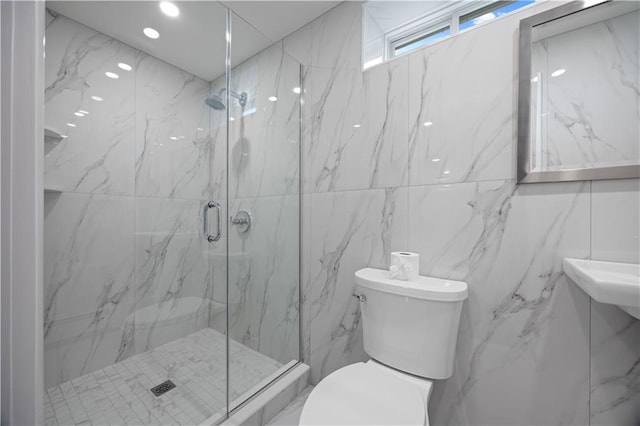 164 Railroad St, Staten Island, NY 10312 - full bath with toilet, a marble finish shower, and tile walls