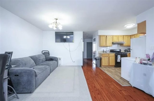 8784 24th Ave, Brooklyn, NY 11214 - living room with light wood finished floors and a chandelier