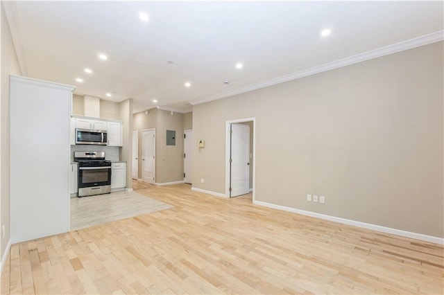 1570 W 10th St Unit 1B, Brooklyn, NY 11204 - unfurnished living room with baseboards, recessed lighting, crown molding, light wood-style floors, and electric panel