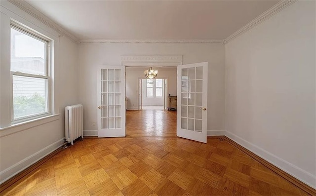 1745 E 21st St, Brooklyn, NY 11229 - empty room featuring radiator heating unit, french doors, a chandelier, and crown molding