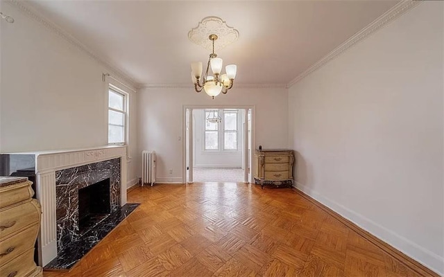 1745 E 21st St, Brooklyn, NY 11229 - unfurnished living room featuring a chandelier, radiator, ornamental molding, and a premium fireplace