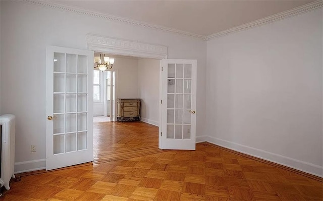 1745 E 21st St, Brooklyn, NY 11229 - spare room featuring a chandelier, crown molding, french doors, and radiator heating unit