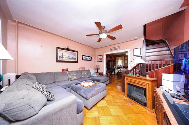 32 Gatling Pl, Brooklyn, NY 11209 - living room with stairway and ceiling fan