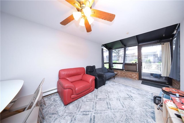 1205 65th St Unit A, Brooklyn, NY 11219 - living area featuring a baseboard radiator, ceiling fan, and vaulted ceiling