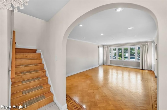 2160 E 36th St, Brooklyn, NY 11234 - stairs featuring arched walkways, recessed lighting, and crown molding