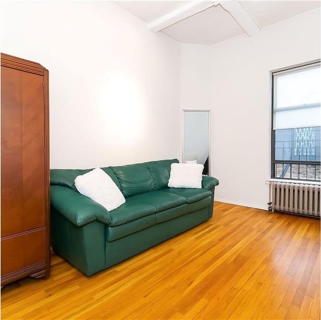 41 Jane St Unit 5B, New York, NY 10014 - living area with radiator heating unit, light wood-type flooring, and beam ceiling