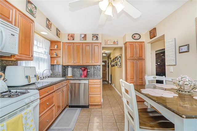 46 Mosely Ave, Staten Island, NY 10312 - kitchen with white appliances, tasteful backsplash, light tile patterned floors, open shelves, and a ceiling fan