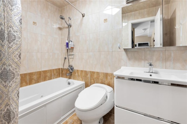 135 28th Ave Unit 2A, Brooklyn, NY 11214 - bathroom featuring tile walls, shower / bathtub combination with curtain, and vanity
