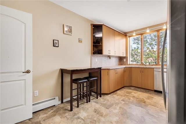 135 28th Ave Unit 2A, Brooklyn, NY 11214 - kitchen with appliances with stainless steel finishes, a baseboard radiator, light countertops, open shelves, and tasteful backsplash