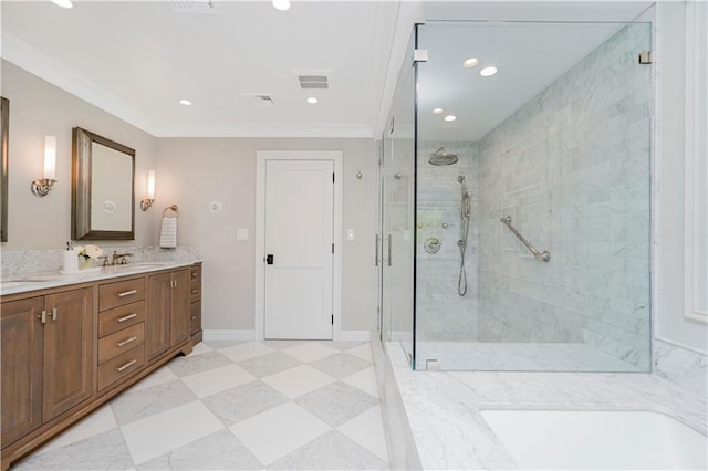 274 S Railroad St, Staten Island, NY 10312 - bathroom featuring vanity, a shower stall, ornamental molding, recessed lighting, and a bath