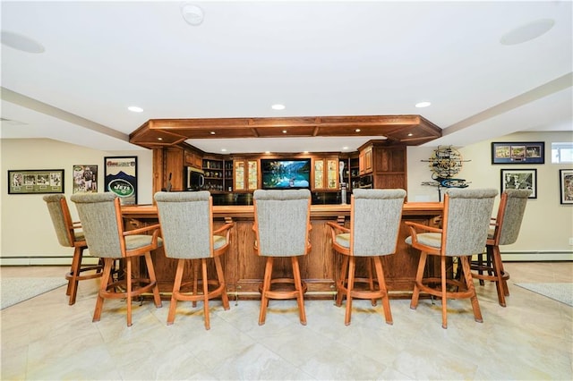 274 S Railroad St, Staten Island, NY 10312 - indoor bar with stainless steel microwave, recessed lighting, a baseboard radiator, and a raised ceiling