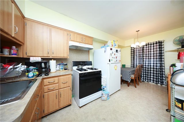 1296 E 54th St, Brooklyn, NY 11234 - kitchen with white appliances, under cabinet range hood, a chandelier, light countertops, and hanging light fixtures