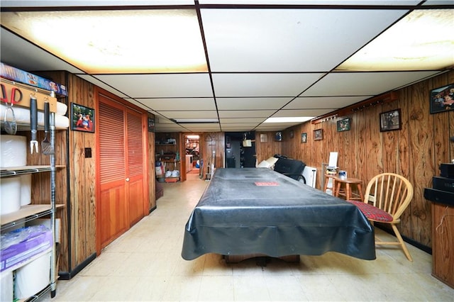 1296 E 54th St, Brooklyn, NY 11234 - game room with wooden walls, pool table, a paneled ceiling, and tile patterned floors