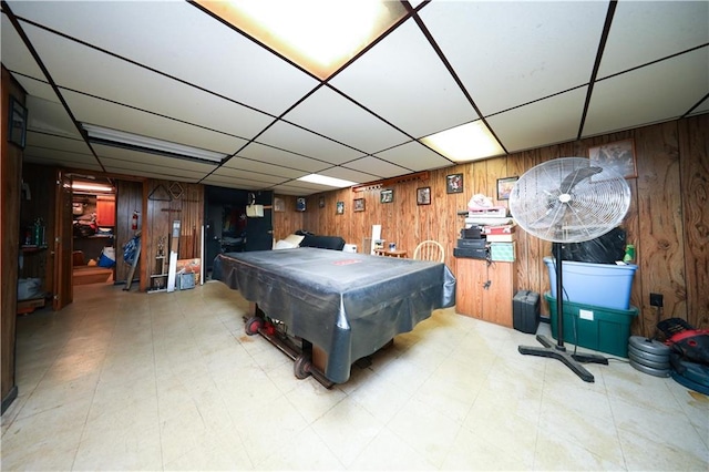 1296 E 54th St, Brooklyn, NY 11234 - recreation room with wood walls, billiards table, tile patterned floors, and a drop ceiling
