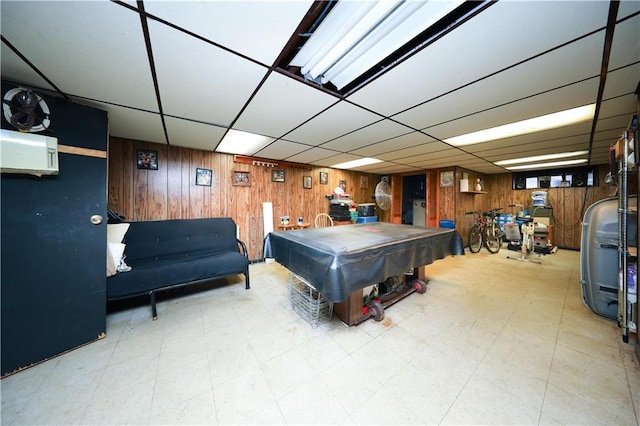 1296 E 54th St, Brooklyn, NY 11234 - recreation room featuring wood walls, a paneled ceiling, tile patterned floors, and pool table
