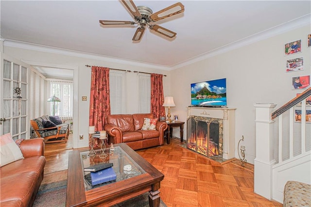 977 80th St, Brooklyn, NY 11228 - living area with crown molding, ceiling fan, a warm lit fireplace, and stairway