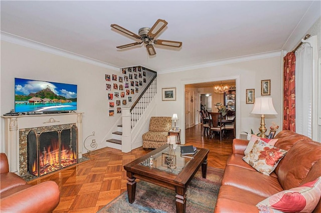 977 80th St, Brooklyn, NY 11228 - living area featuring stairway, a ceiling fan, ornamental molding, a chandelier, and a high end fireplace