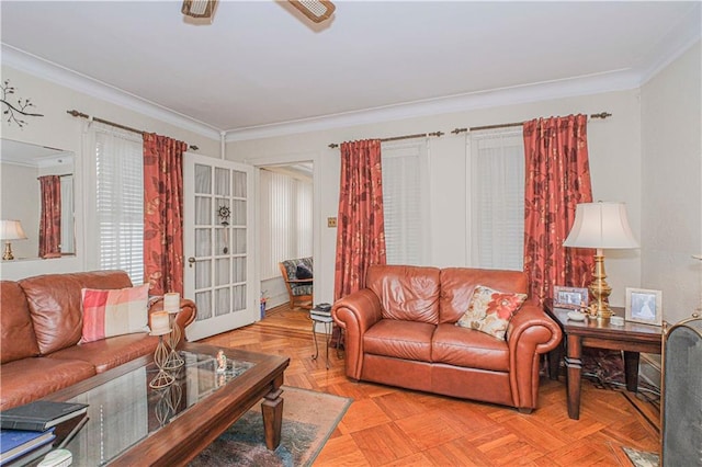 977 80th St, Brooklyn, NY 11228 - living room featuring crown molding and a ceiling fan