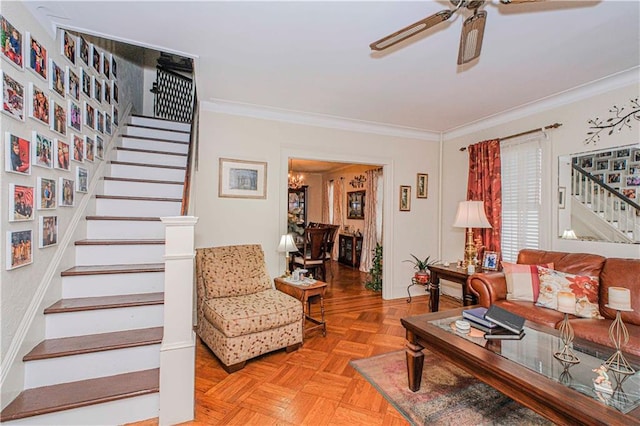 977 80th St, Brooklyn, NY 11228 - living room featuring stairs, ornamental molding, and ceiling fan