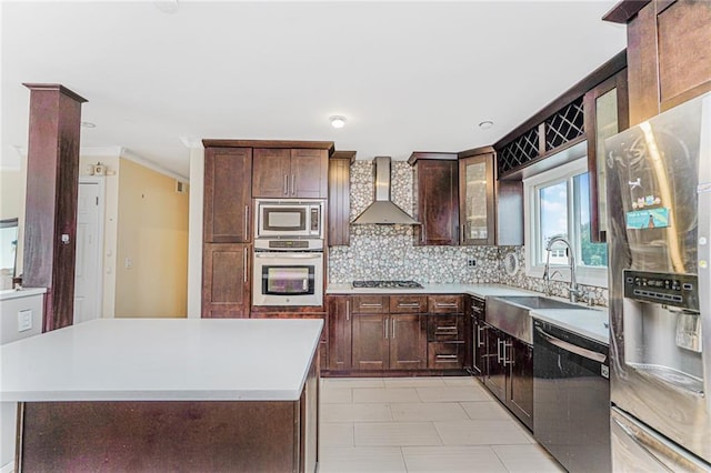 161 Ravenhurst Ave, Staten Island, NY 10310 - kitchen featuring wall chimney exhaust hood, appliances with stainless steel finishes, decorative backsplash, crown molding, and light countertops