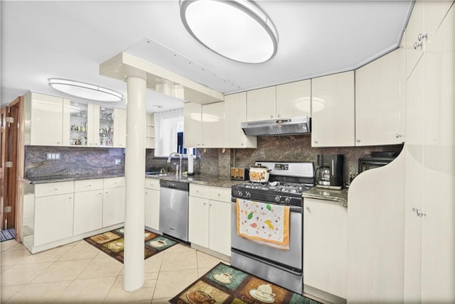 2045 W 11th St, Brooklyn, NY 11223 - kitchen with appliances with stainless steel finishes, under cabinet range hood, dark countertops, and backsplash