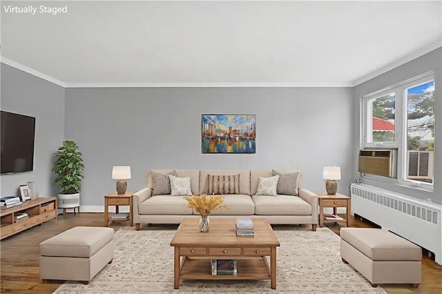 1650 E 48th St, Brooklyn, NY 11234 - living area with radiator heating unit, ornamental molding, wood finished floors, and cooling unit