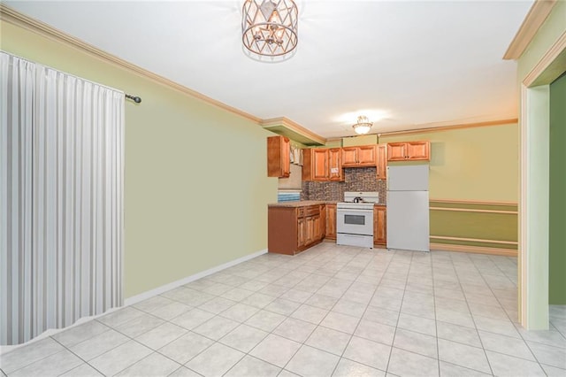 443 Ridgewood Ave, Staten Island, NY 10312 - kitchen with white appliances, crown molding, backsplash, light countertops, and brown cabinetry