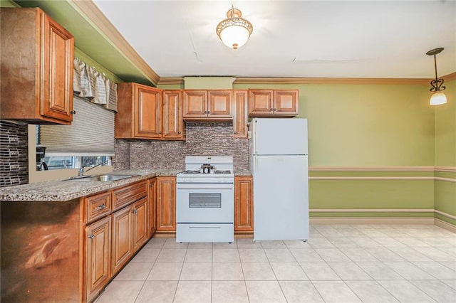 443 Ridgewood Ave, Staten Island, NY 10312 - kitchen with white appliances, ornamental molding, tasteful backsplash, brown cabinets, and decorative light fixtures