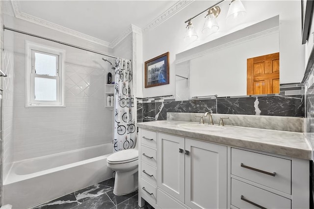 2426 Bragg St, Brooklyn, NY 11235 - full bath featuring vanity, crown molding, shower / bathtub combination with curtain, marble finish flooring, and tile walls