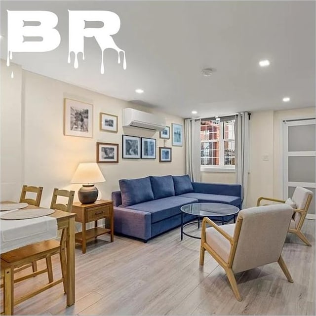 2507 E 23rd St, Brooklyn, NY 11235 - living room featuring an AC wall unit, light wood finished floors, and recessed lighting