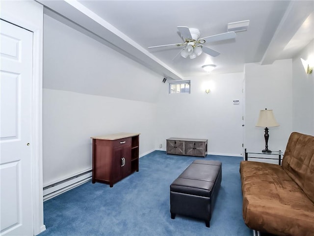 5 Greaves Ave, Staten Island, NY 10308 - living area with a baseboard radiator, a ceiling fan, and carpet flooring