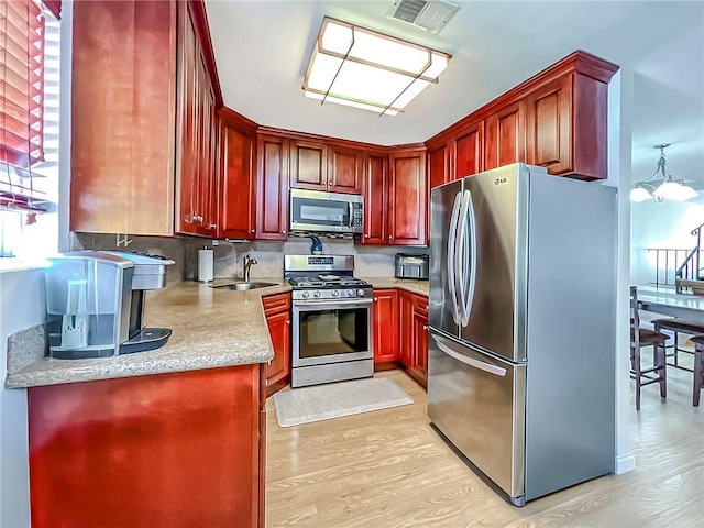5 Greaves Ave, Staten Island, NY 10308 - kitchen featuring appliances with stainless steel finishes, reddish brown cabinets, light wood-style floors, decorative backsplash, and a chandelier