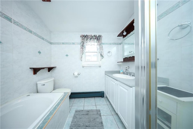 15 Allison Pl, Staten Island, NY 10306 - bathroom with baseboard heating, tile walls, vanity, tiled tub, and tile patterned floors