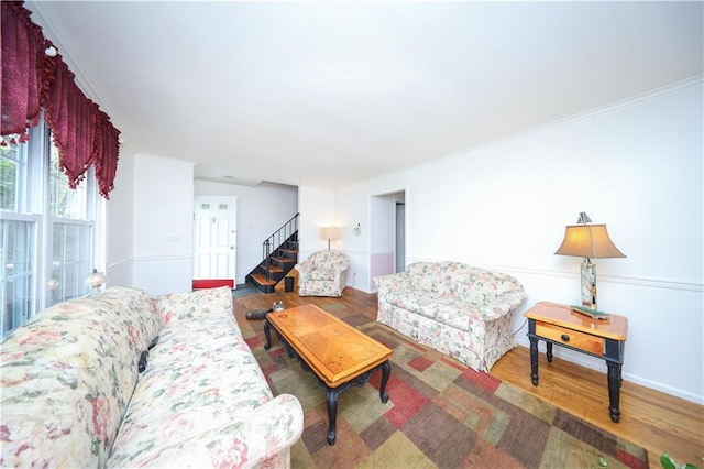 15 Allison Pl, Staten Island, NY 10306 - living area featuring stairway, wood finished floors, and crown molding
