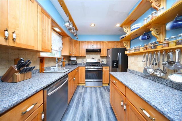 15 Allison Pl, Staten Island, NY 10306 - kitchen with stainless steel appliances, under cabinet range hood, decorative backsplash, open shelves, and light wood-type flooring
