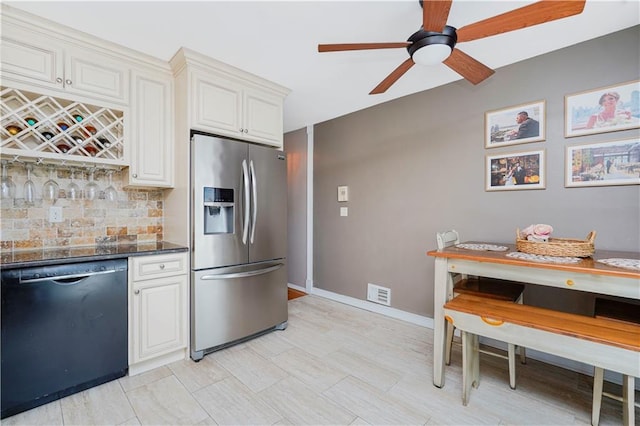 172 Rosedale Ave, Staten Island, NY 10312 - kitchen with stainless steel fridge with ice dispenser, black dishwasher, backsplash, ceiling fan, and white cabinetry
