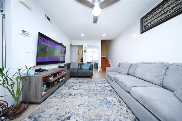 300A Andros Ave, Staten Island, NY 10303 - tiled living area with stairs, a ceiling fan, and recessed lighting
