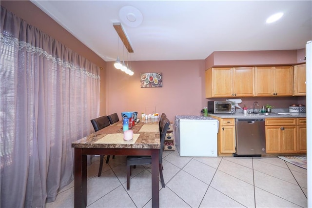 300A Andros Ave, Staten Island, NY 10303 - kitchen featuring stainless steel dishwasher, light tile patterned floors, and pendant lighting