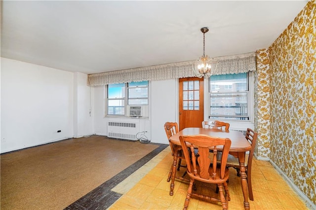 1935 Shore Pkwy Unit 8E, Brooklyn, NY 11214 - dining space with radiator heating unit, wallpapered walls, a chandelier, and cooling unit