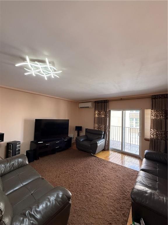 2964 Brighton 6th St Unit 4B, Brooklyn, NY 11235 - living area featuring a wall mounted air conditioner, wood finished floors, and ornamental molding