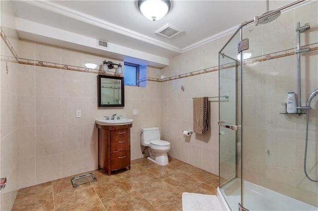 1650 68th St, Brooklyn, NY 11204 - bathroom with vanity, tile walls, a shower stall, and ornamental molding