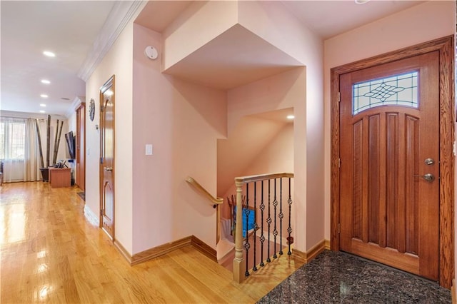 1650 68th St, Brooklyn, NY 11204 - entryway featuring light wood-style flooring, recessed lighting, and crown molding