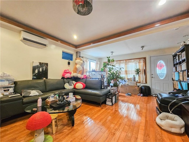 8219 7th Ave, Brooklyn, NY 11228 - living area with a wall mounted air conditioner, light wood-type flooring, and recessed lighting