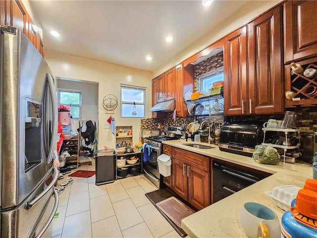 8219 7th Ave, Brooklyn, NY 11228 - kitchen featuring appliances with stainless steel finishes, under cabinet range hood, backsplash, recessed lighting, and light tile patterned flooring
