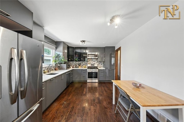 7 Kunath Ave, Staten Island, NY 10309 - kitchen with appliances with stainless steel finishes, gray cabinetry, dark wood-type flooring, light countertops, and decorative backsplash