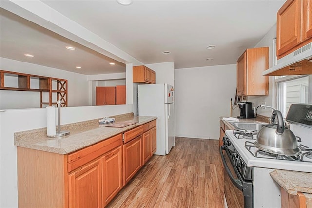 2286 Brigham St Unit 1E, Brooklyn, NY 11229 - kitchen featuring white appliances, light countertops, light wood finished floors, under cabinet range hood, and recessed lighting