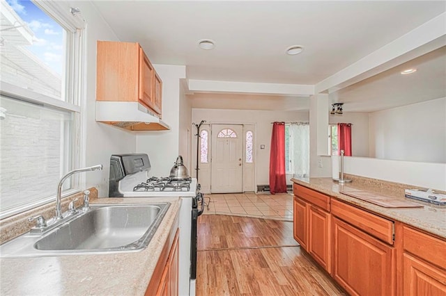 2286 Brigham St Unit 1E, Brooklyn, NY 11229 - kitchen with gas range, ventilation hood, light countertops, light wood finished floors, and recessed lighting